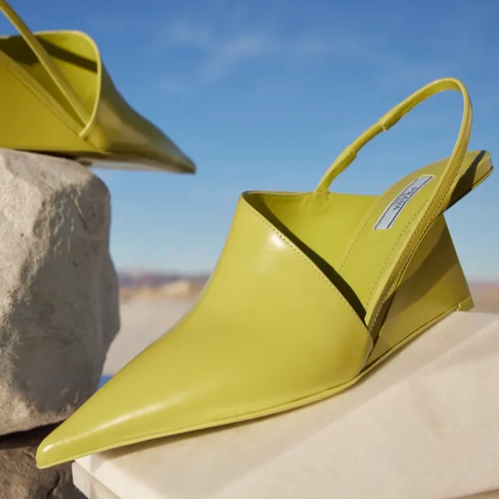 Prada Chartreuse Leather Pointed Slingback Heels
